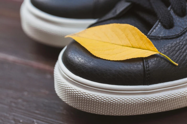 a black sneaker with yellow leaves sticking out
