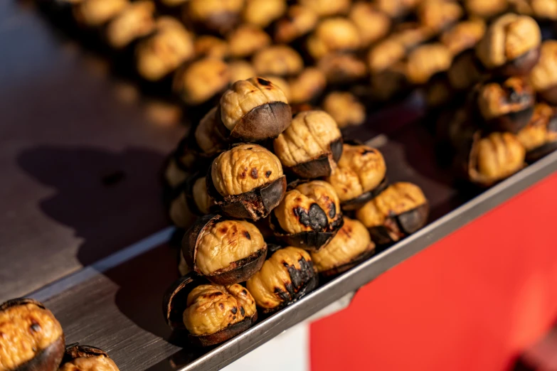 there is an arrangement of nut shells that are on the counter