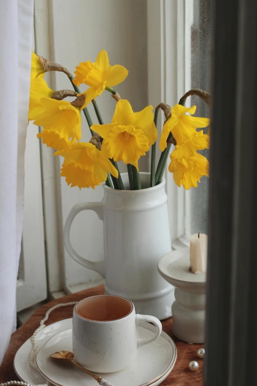 flowers in a white pitcher on a white saucer