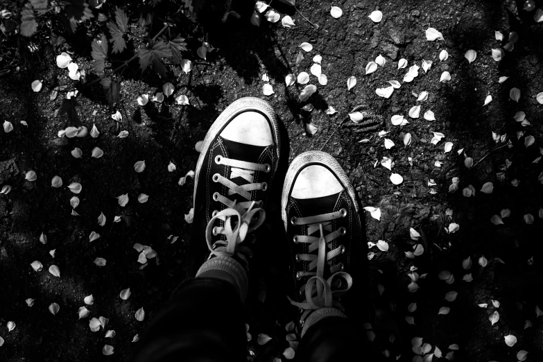 a person with shoes stands by some fallen leaves