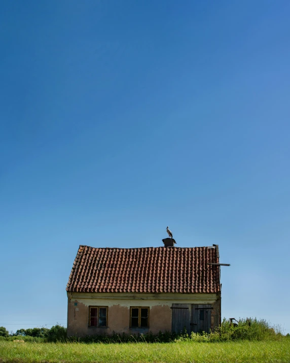 a house sitting in the grass with a kite flying above it