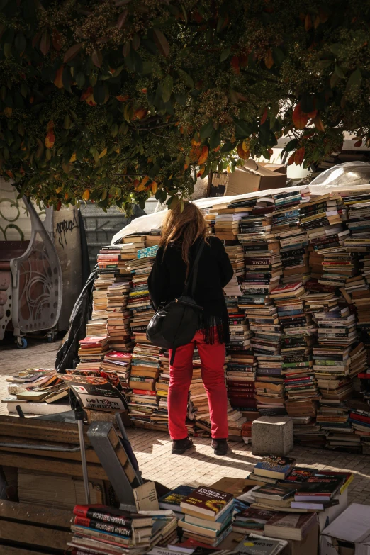 a person with her back to the camera looking through books