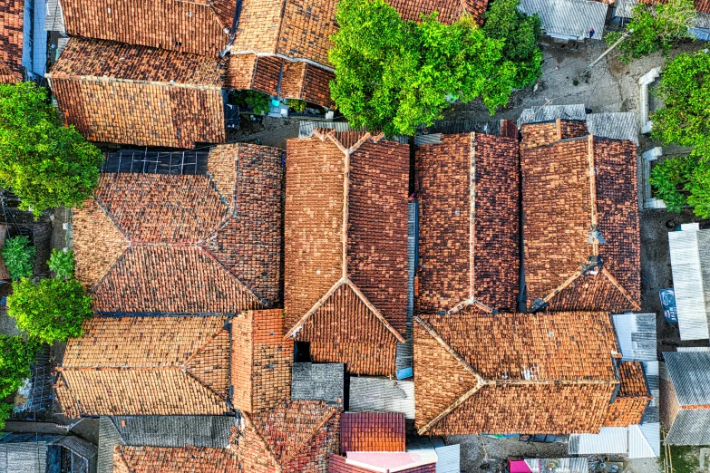 a top down view of a rooftop with some trees in the background