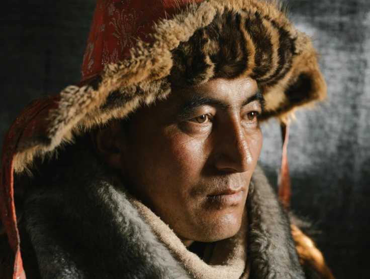 man wearing coat and wearing animal print hat