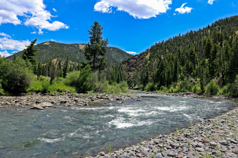 some people are standing by the water by the mountains