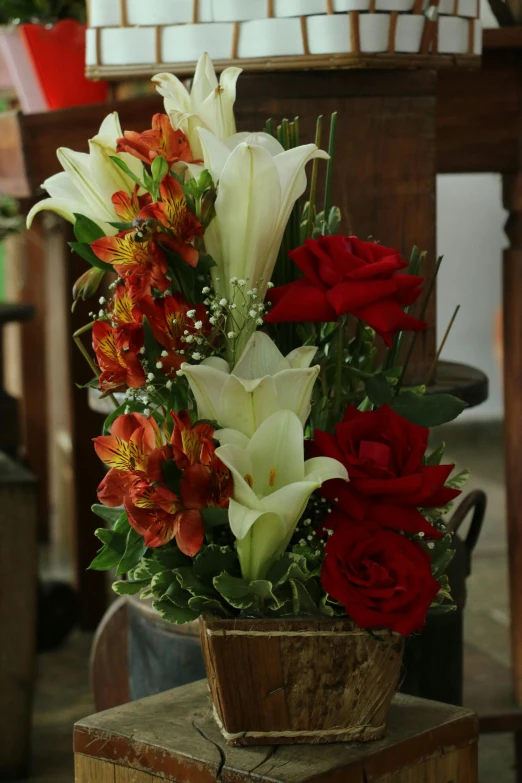 red and white flowers in a basket near a chair