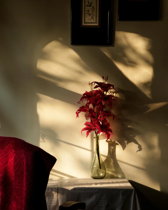 a red flower in a white vase next to a chair and framed pictures