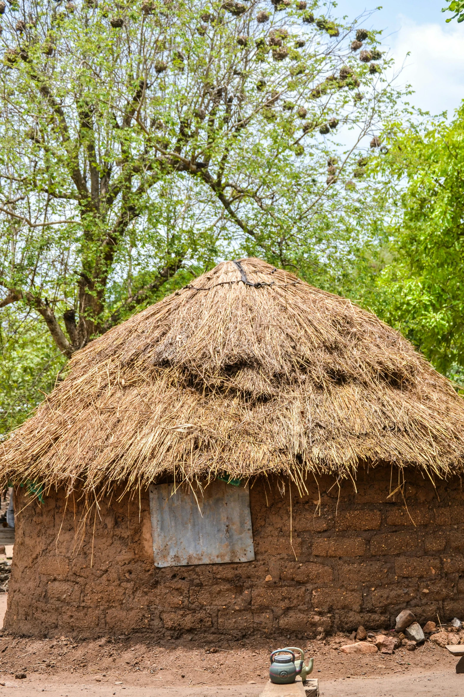 a home made out of sticks with a thatched roof