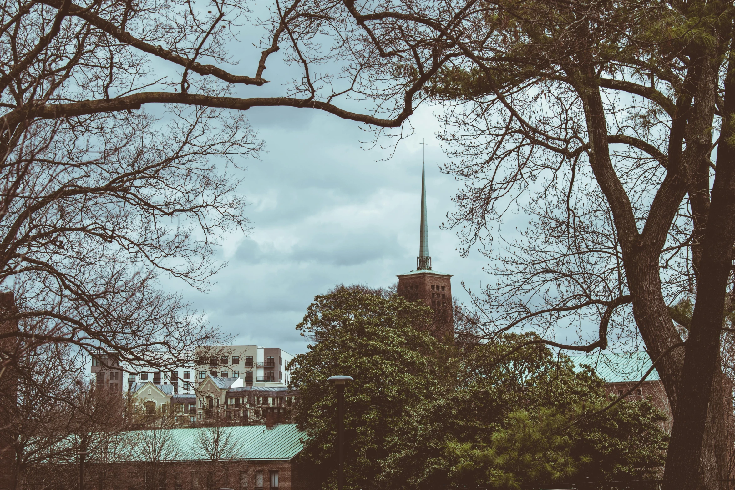 a view of a building through the trees