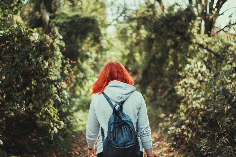 the person is walking through the forest holding a backpack