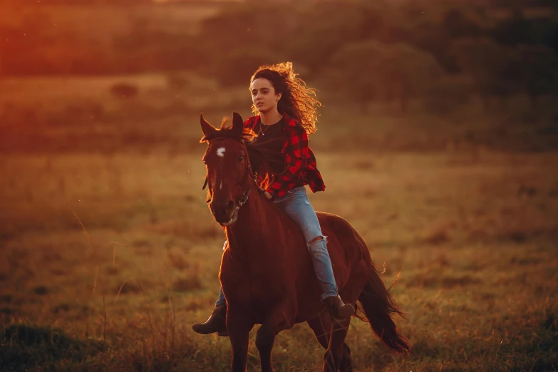 woman on a horse riding through a field