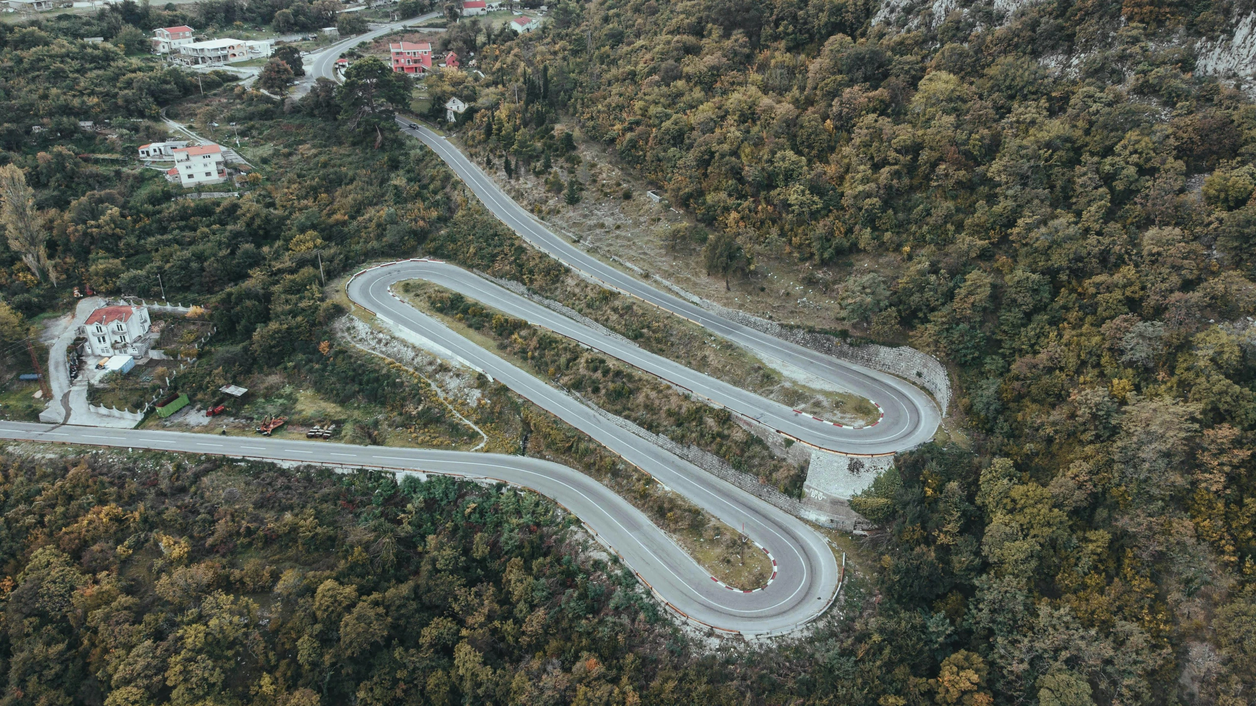 an overhead s shows a curved road surrounded by trees