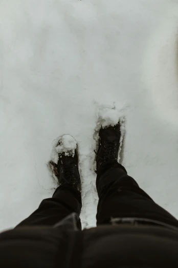 the view from behind the boots shows snow and ice