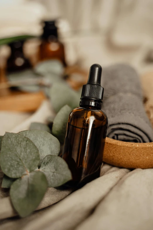 an oil bottle sitting on top of a bed near a plant