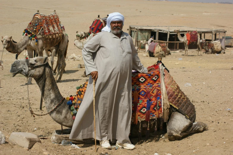 an older man in a desert setting next to a camel