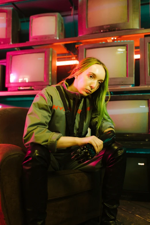 a woman with green hair in an empty room