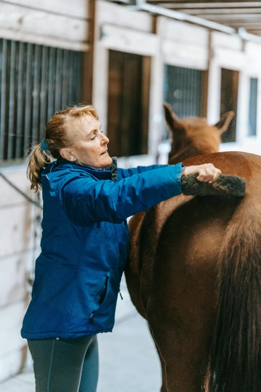 a woman with a horse looking at it