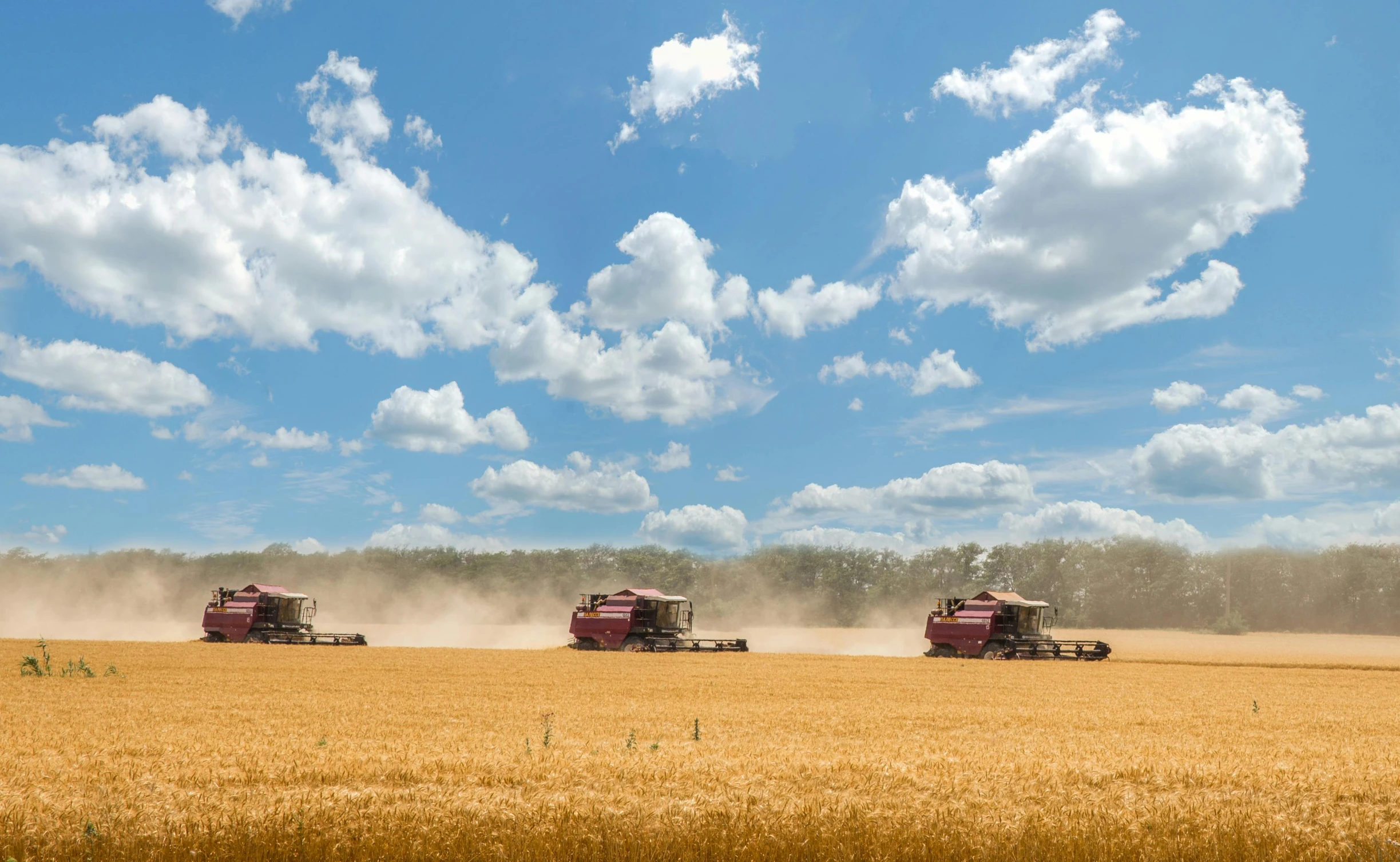 three farm vehicles driving on the road next to some big golden wheat field