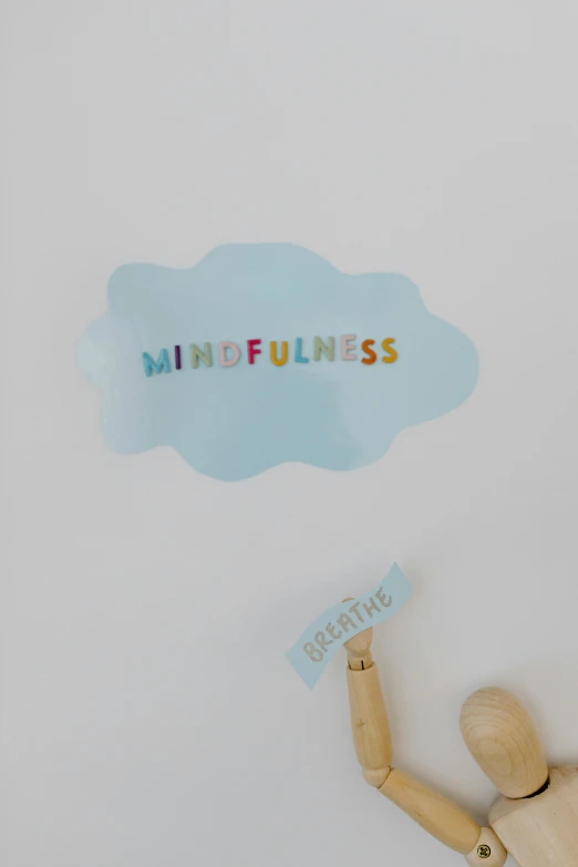 a small stuffed animal holding a sign with mindfulness written on it