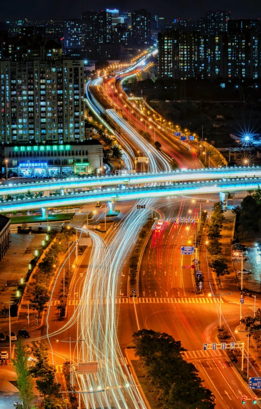 a cityscape with a long exposure of an aerial view