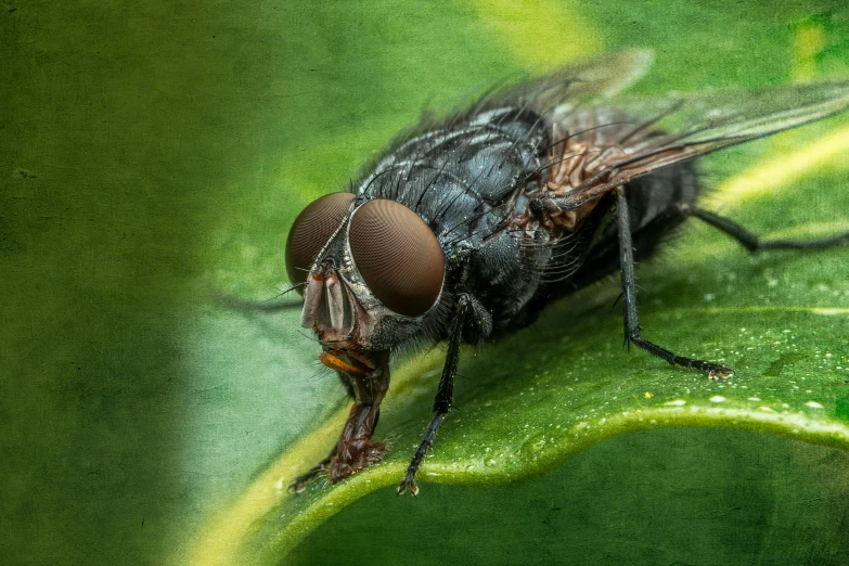 a flies fly on top of a green plant