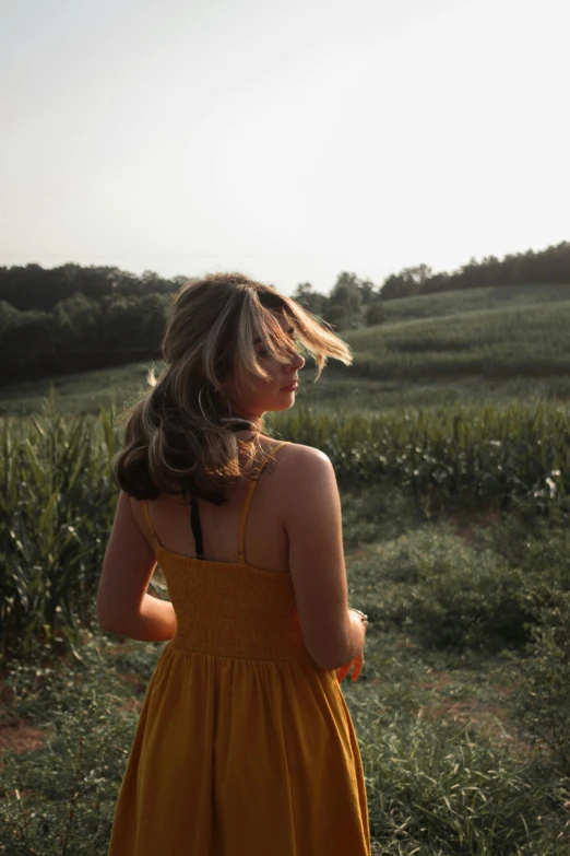 a woman in a yellow dress looking over a field