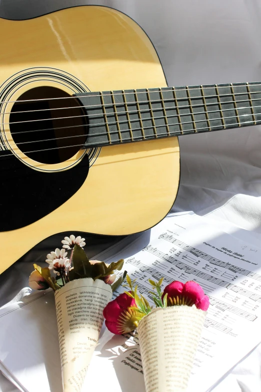 a guitar and some cones are laying on papers