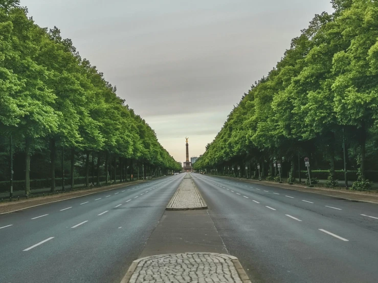 a city street lined with trees near an overpass