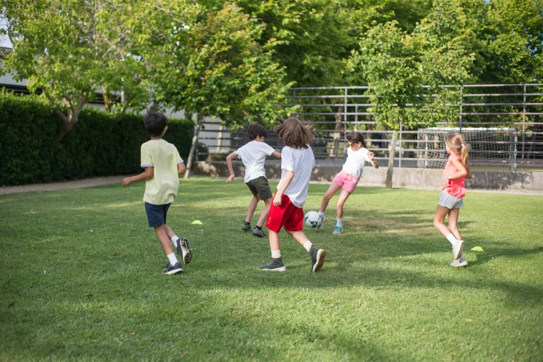 a group of children are playing ball in the yard