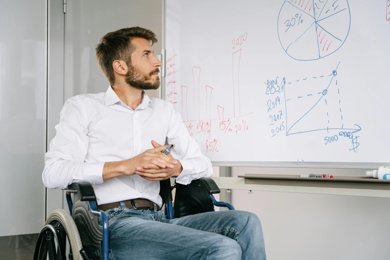 a man with his hands in his pockets in a wheelchair in front of a whiteboard