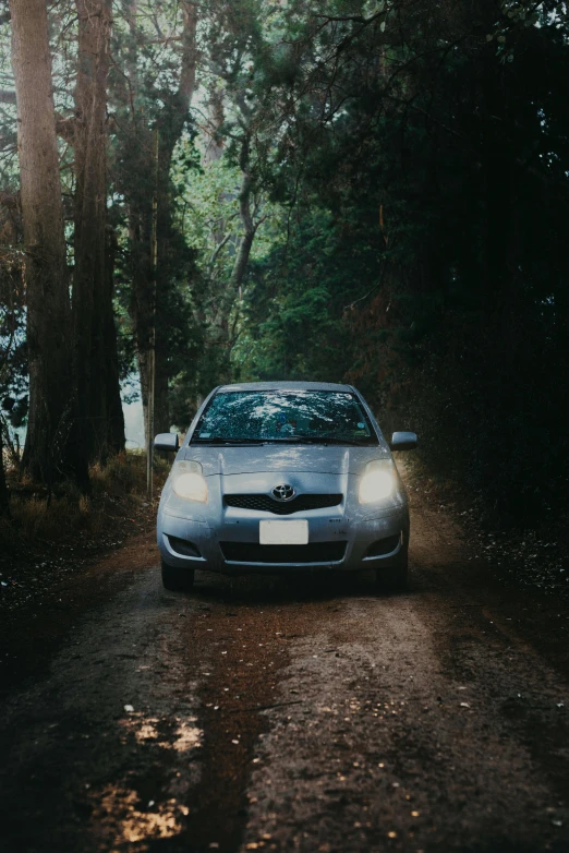 a car on dirt road near trees and water