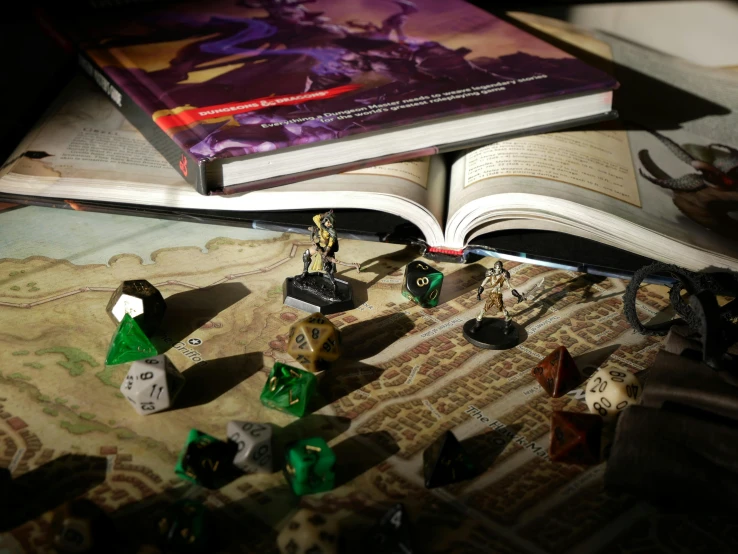 a book, playing cards, and figurines are sitting on the desk