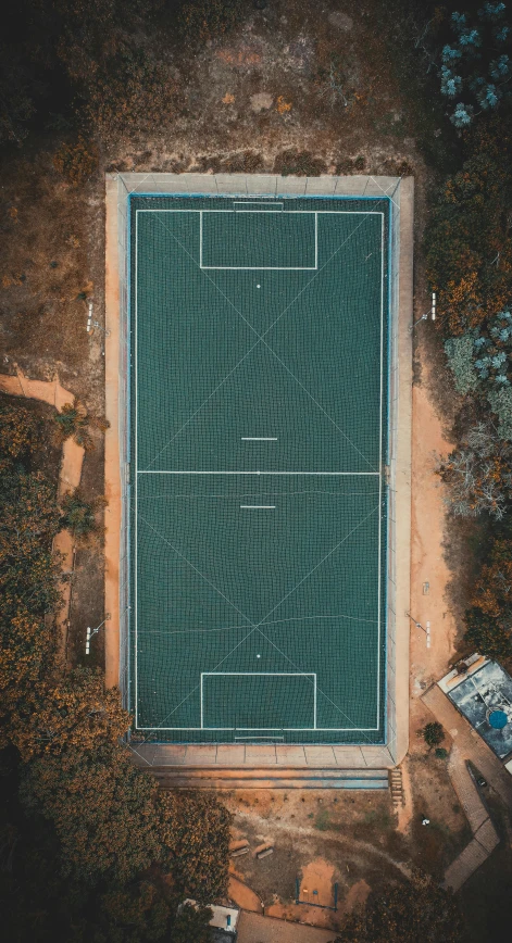 an overhead po of a swimming pool, surrounded by trees