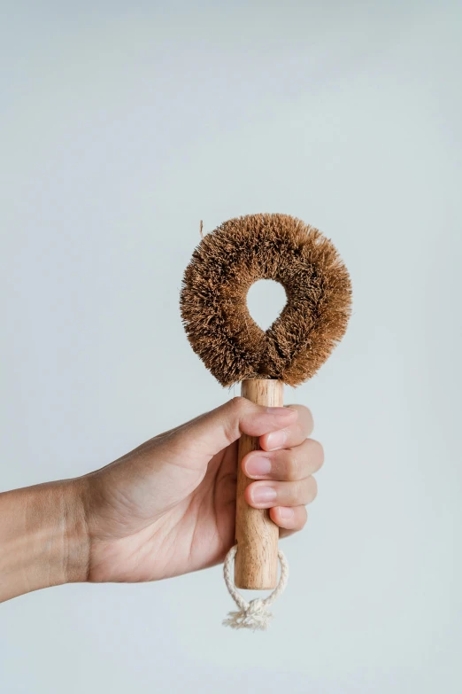 a hand holding a fake animal's head on top of a rubber stick