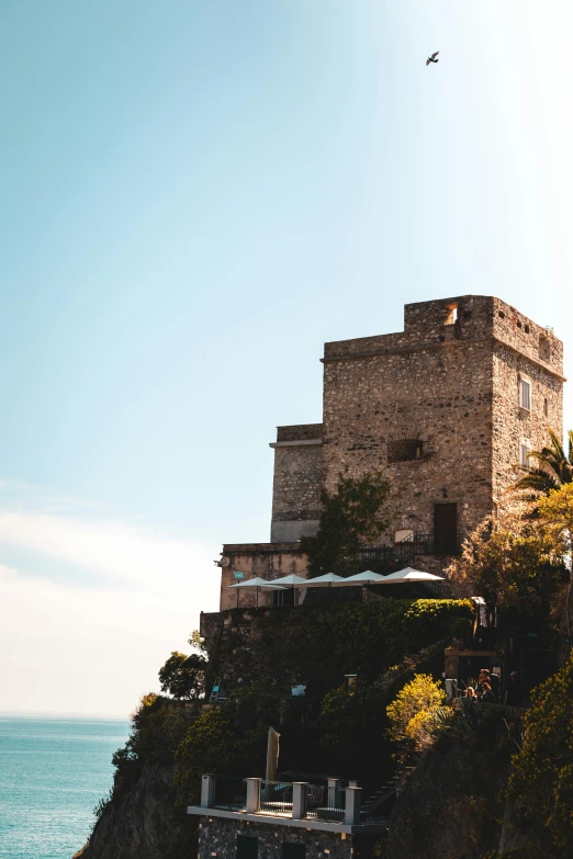 an old castle perched atop a cliff with a view of the water