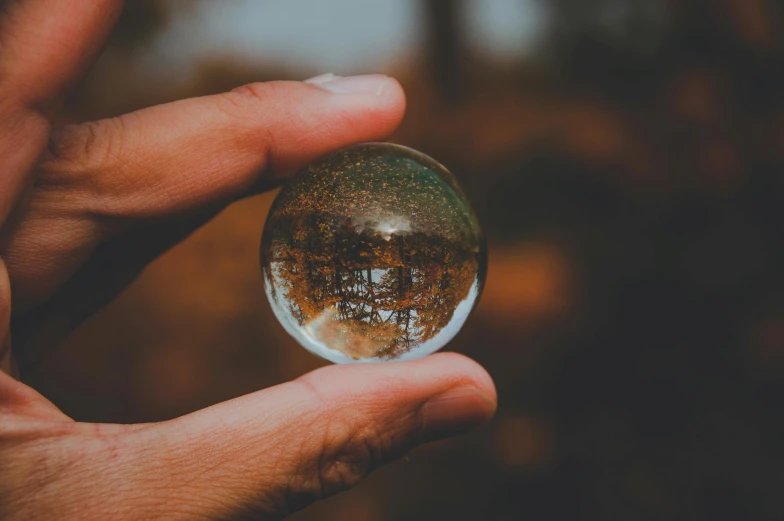 a person is holding up a small globe