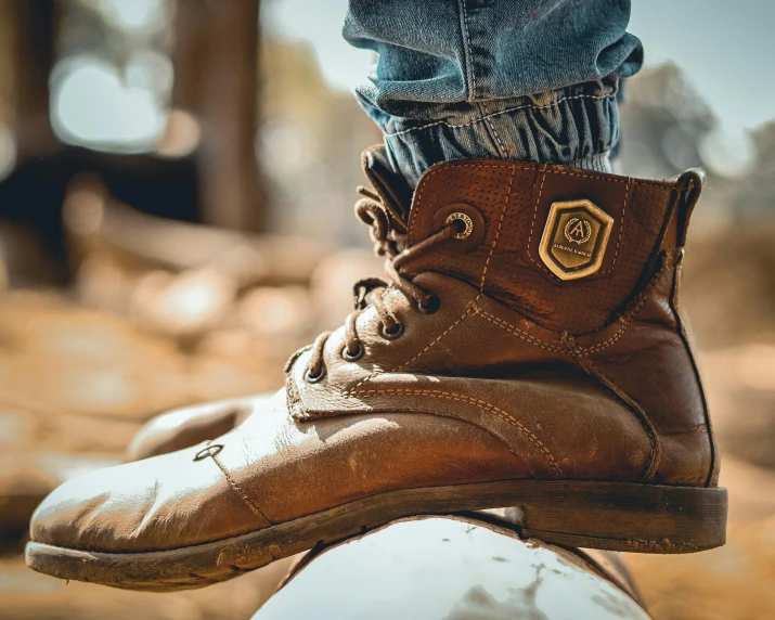 a pair of brown boots sits on top of a white horse