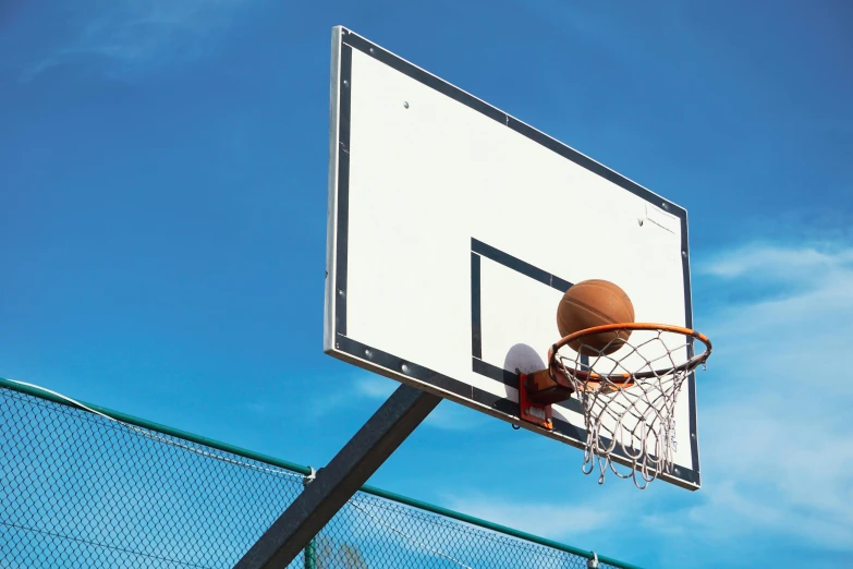 a basketball net with a basket ball floating under it