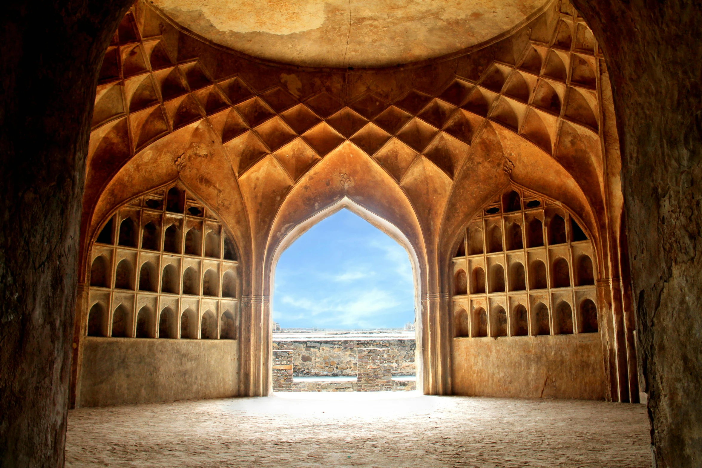 the view through the archways of an architecture building