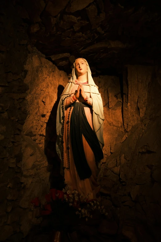 a statue of the immaculate mary in the dark