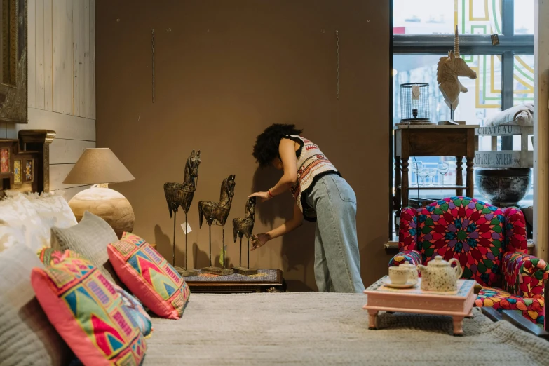 a woman in a room decorated for holiday