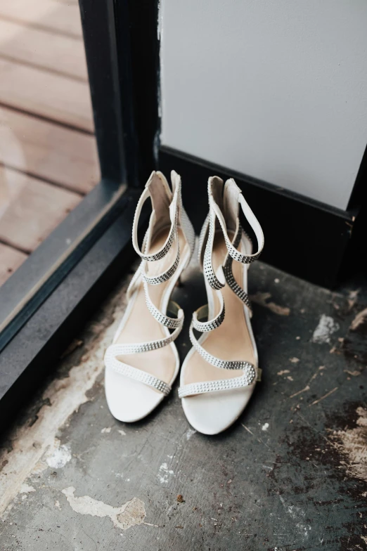 a close up view of a pair of shoes next to a door