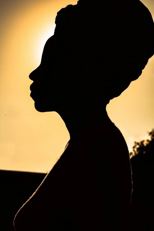 a silhouette of a woman's face with the sun setting behind her