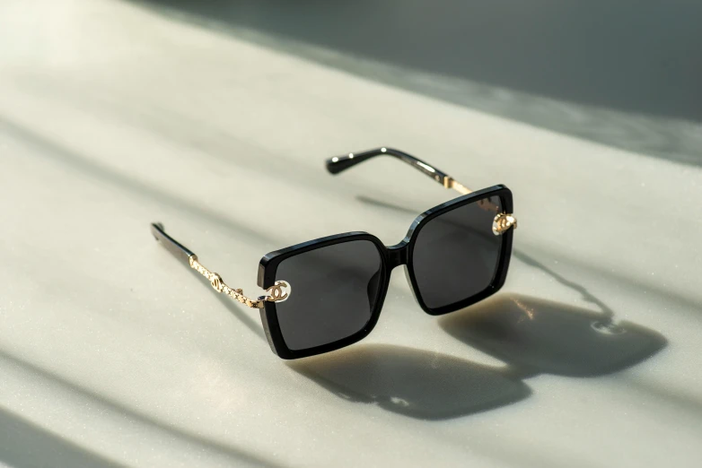 a close up of sunglasses with sunglasses on a table