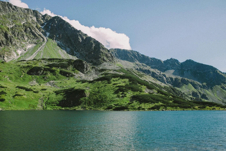 a lake sitting below a mountain next to a lush green field