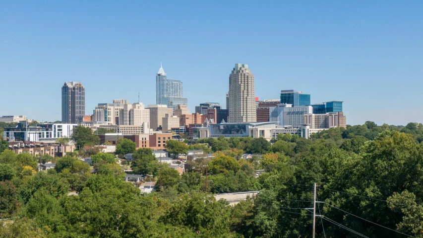 cityscape of a large modern skyscr in the middle of a forested area