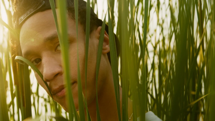 there is a male standing in the tall grass