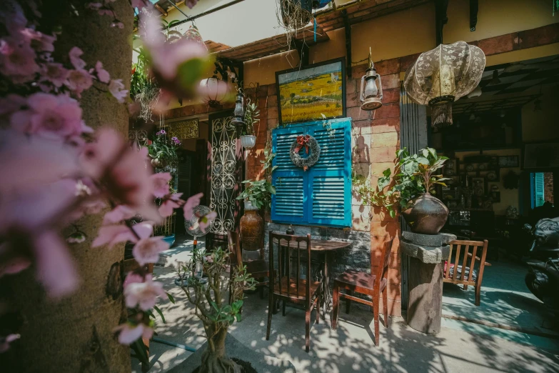 flower shop with wooden tables and chairs with blue shutters