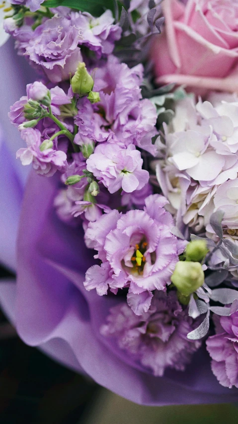 some pink and white flowers and greens in a purple wrapper