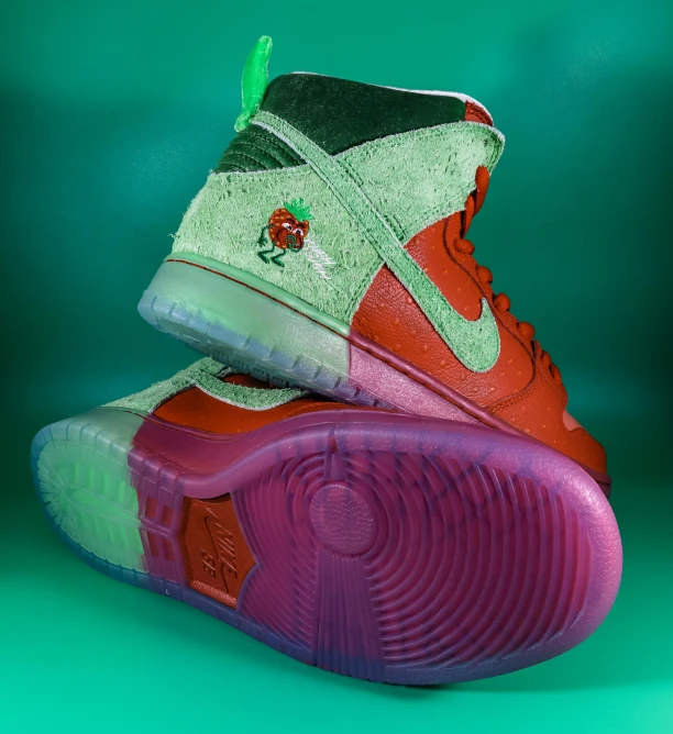 a close - up of the nike dunk zoom ii's red, green and purple